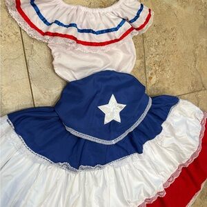 Puerto Rican Traditional Red, White, and Blue Dress with Star Bandana for Girls